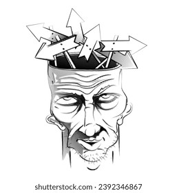 Man head with arrow direction confused, halftone graphic