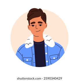 Man, head avatar. Young male character, face portrait in circle. Smiling guy wearing denim jacket with fur, modern style apparel, user profile. Flat vector illustration isolated on white background