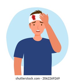 Man with head bandage in flat design on white background. Broken head from accident concept.