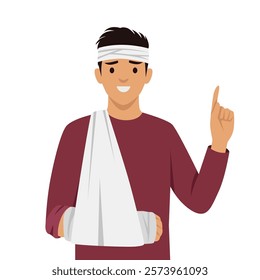 Man with a head bandage and his arm in a sling, pointing upward with a gesture of positivity. Flat vector illustration isolated on white background