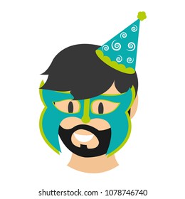 man head with birthday party hat and mask