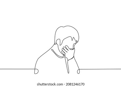 Man With Head Bowed Put Hand To Face He Is Shocked - One Line Drawing Vector. Shock Concept, Silence Yourself, Nausea Attack, Cover Your Mouth When Coughing, Hide Your Teeth 