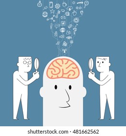 Man head and brain with people find secret of knowledge - Vector