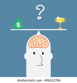 Man head and brain with questions to choose between money and trophy - Vector