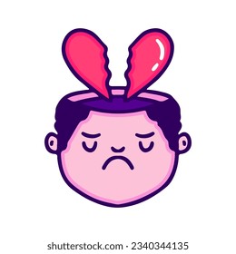 Man head with broken heart symbol inside, illustration for t-shirt, sticker, or apparel merchandise. With doodle, retro, and cartoon style.