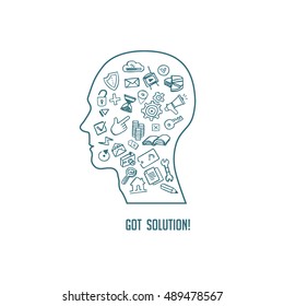 man head with business tools symbols inside, conceptual line-art illustration