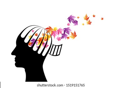 Man with head from cage with flying up colorful autumn leaves. Vector decoration from scattered elements. Colorful isolated silhouette. Conceptual illustration.