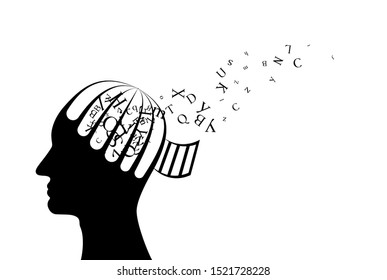 Man with head from cage with flying up letters. Vector decoration from scattered elements. Monochrome isolated silhouette. Conceptual illustration.