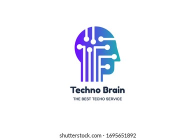 Man Head and Chip Techno Brain Multimedia Logo. Modern Creative Idea Symbol. Innovation Technology Electronic Device Service. Stylized Design Template Logotype Vector Flat Illustration