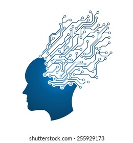 Man Head circuit logo. Abstraction of thinking mind. This image serves as idea of technology, mind, working think, memory training, brain system, psychology, knowledge,searching