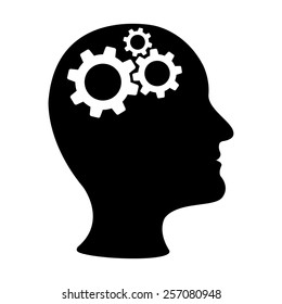 Man head with cogwheel gears vector icon - black illustration
