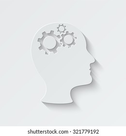 man head with cogwheel gears vector icon - paper illustration