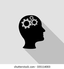 man head with cogwheel gears vector icon with long shadow