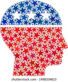 Man head composition of stars in variable sizes and color hues. Man head illustration uses American official blue and red colors of Democratic and Republican political parties, and star shapes.