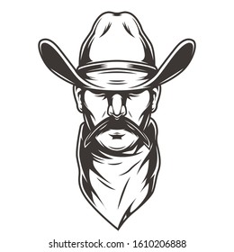 Man head in cowboy hat concept with scarf and mustache in vintage monochrome style isolated vector illustration