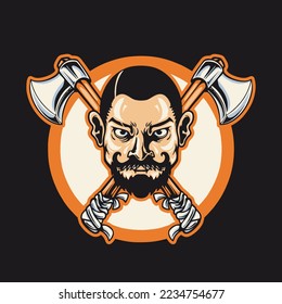 Man Head With Cross Axe Retro Vector Illustration