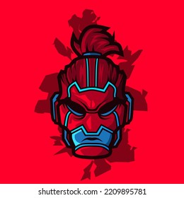 Ilustración de diseño colorida del logotipo del ciberpunk de la cabeza del hombre vectorial de ficción.