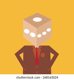 Man with the head of the dice Abstract gambling, risk illustration.