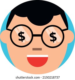 Man head with dollars in eyes. Greed person avatar