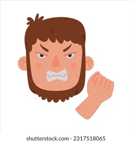 Man Head and Face with Angry Grin and Clenched Fist Vector Illustration