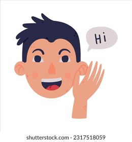 Cabeza de hombre y cara con emoción feliz y gesto de mano diciendo su ilusión vectorial