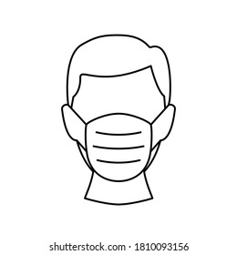 Man head in face mask line icon. Protection medical wear from virus, air pollution, flu, dust illustration isolated on white.