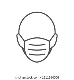 Man head in face mask line icon. Protection medical wear from virus, air pollution, flu, dust illustration isolated on white.