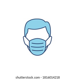 Man head in face mask line blue icon. Protection medical wear from virus, air pollution, flu, dust illustration isolated on white.