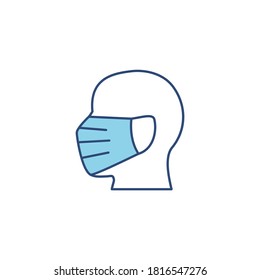 Icono azul de la línea de la máscara de la cabeza del hombre. Protección del desgaste médico del virus, la contaminación del aire, la gripe, la ilustración del polvo aislada en blanco.
