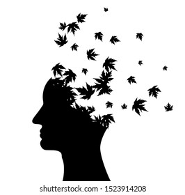 Man head with flying maple leaves . Vector decoration from scattered elements. Monochrome isolated silhouette. Conceptual illustration.