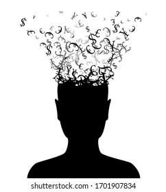 Man head with flying money . Vector decoration from scattered elements. Monochrome isolated silhouette. Conceptual illustration.