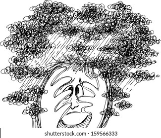 Man head full of stormy clouds. Concept illustration about stress and depression.