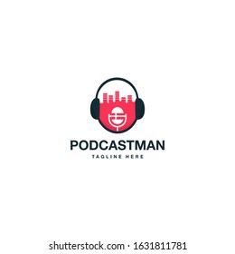 man head with headphone and mic integrated podcast music vector logo template