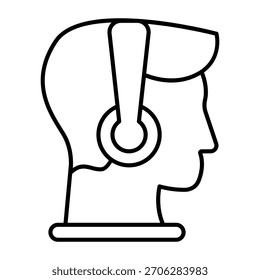 Cabeza de hombre con auriculares icono de línea delgada, concepto de escucha de música. Gráficos de Vector. Muchacho atento del oyente, signo del muchacho en el fondo blanco, icono del estilo del contorno para el móvil o el Diseño web