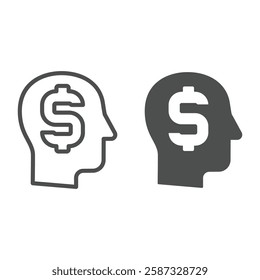 Man head with huge dollar line and solid icon, financial advice concept. Vector graphics. Money maker mind, human brain sign on white background, outline style icon for mobile or web design