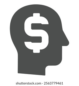 Man head with huge dollar solid icon, financial advice concept. Vector graphics. Money maker mind, human brain sign on white background, glyph style icon for mobile or web design