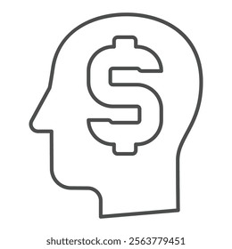 Man head with huge dollar thin line icon, financial advice concept. Vector graphics. Money maker mind, human brain sign on white background, outline style icon for mobile or web design