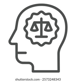 Man head with lawyer brain line icon, jurisprudence concept. Vector graphics. Human and mind with libra scales sign on white background, outline style icon for mobile or web design