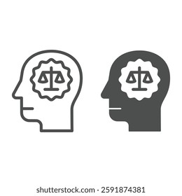 Man head with lawyer brain line and solid icon, jurisprudence concept. Vector graphics. Human and mind with libra scales sign on white background, outline style icon for mobile or web design