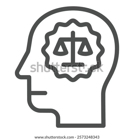 Man head with lawyer brain line icon, jurisprudence concept. Vector graphics. Human and mind with libra scales sign on white background, outline style icon for mobile or web design