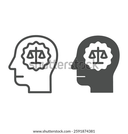 Man head with lawyer brain line and solid icon, jurisprudence concept. Vector graphics. Human and mind with libra scales sign on white background, outline style icon for mobile or web design