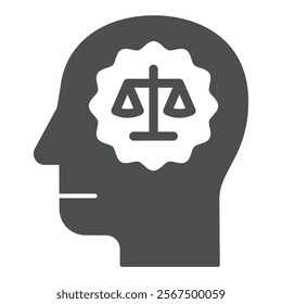 Man head with lawyer brain solid icon, jurisprudence concept. Vector graphics. Human and mind with libra scales sign on white background, glyph style icon for mobile or web design