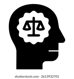 Man head with lawyer brain solid icon, jurisprudence concept. Vector graphics. Human and mind with libra scales sign on white background, glyph style mobile or design