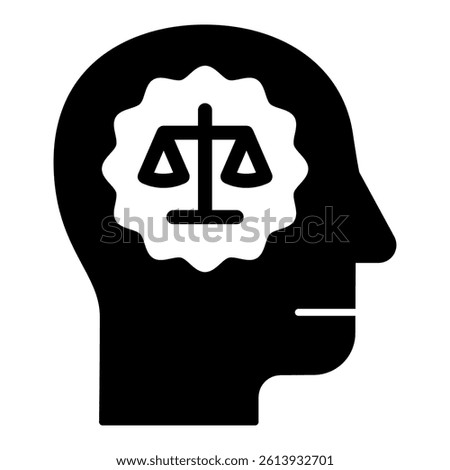 Man head with lawyer brain solid icon, jurisprudence concept. Vector graphics. Human and mind with libra scales sign on white background, glyph style mobile or design