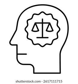 Man head with lawyer brain thin line icon, jurisprudence concept. Vector graphics. Human and mind with libra scales sign on white background, linear style for mobile or design
