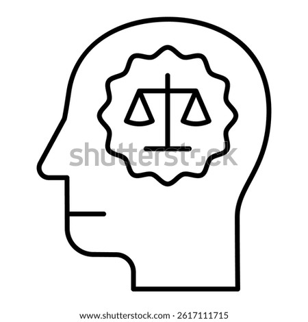 Man head with lawyer brain thin line icon, jurisprudence concept. Vector graphics. Human and mind with libra scales sign on white background, linear style for mobile or design