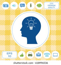 Man head with Light bulb - create new ideas. Icon