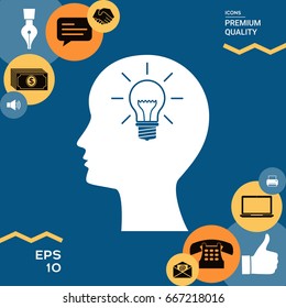 Man head with Light bulb - create new ideas. Icon