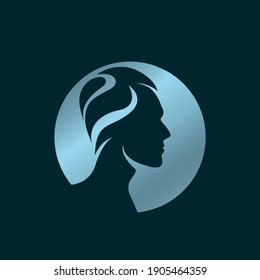 Man head logo.Short haircut male portrait.Circle emblem isolated on dark fund.Metallic blue color.Profile view face.Luxury style.