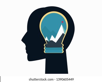 Man head mind thinking, Flag on the mountain peak,goal achievement, success, winning, Business concept vector illustration
